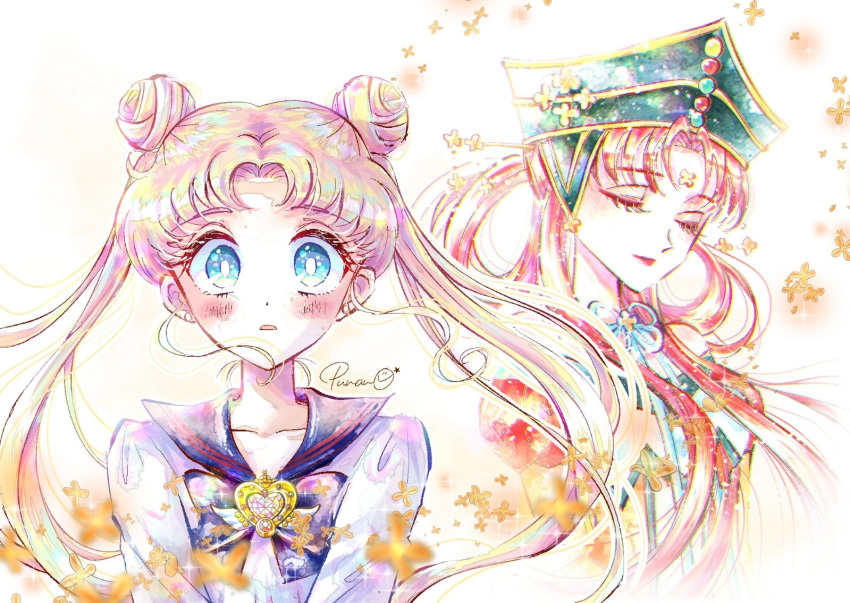 2girls bishoujo_senshi_sailor_moon blonde_hair blue_bow blue_eyes blue_sailor_collar blush bow brooch closed_eyes crystal double_bun facial_mark flower_facial_mark forehead_mark green_headwear hair_bun hat jewelry long_hair long_sleeves looking_at_viewer multiple_girls neck_ribbon parted_bangs parted_lips princess_kakyuu punano red_hair ribbon sailor_collar school_uniform serafuku shirt signature tsukino_usagi twintails white_shirt wide-eyed