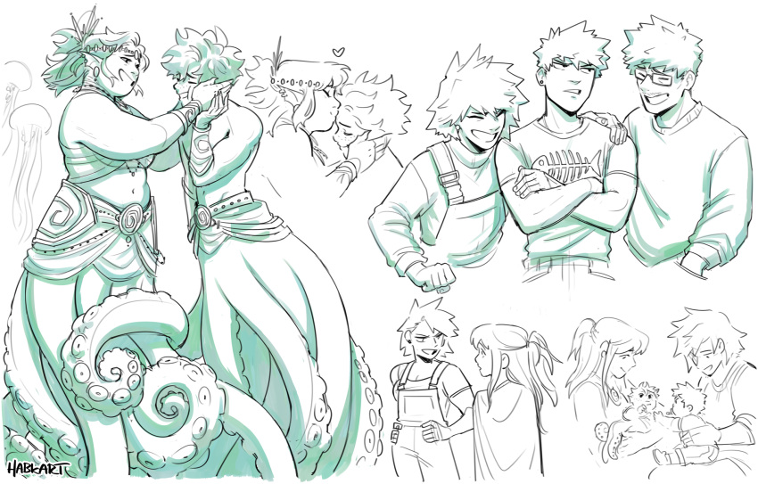 aged_down alternate_universe animal_print baby bakugou_katsuki bakugou_masaru bakugou_mitsuki boku_no_hero_academia closed_eyes closed_mouth commentary crossed_arms earrings english_commentary family father_and_son fins fish_print freckles glasses habkart hand_on_another's_shoulder hands_on_another's_face hands_on_own_hips head_fins heart highres holding_baby jellyfish jewelry kiss kissing_forehead long_hair long_sleeves looking_at_another midoriya_inko midoriya_izuku midriff monochrome monster_girl mother_and_son navel octopus_boy open_mouth overalls scylla shirt short_hair short_sleeves simple_background smile spiked_hair suction_cups tentacles upper_body white_background