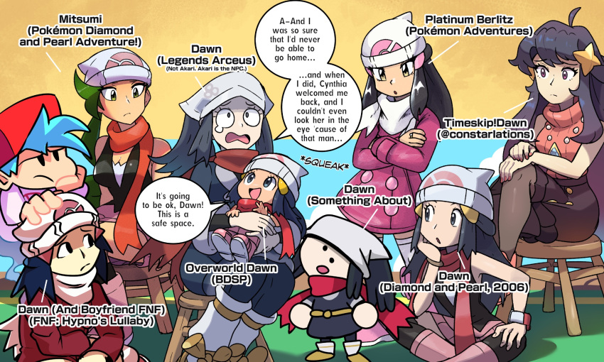 ._. 1boy 6+girls :d aged_up borrowed_design boyfriend_(friday_night_funkin') crossed_legs crying dawn_(pokemon) english_text friday_night_funkin' hat highres juno_son mini_person minigirl mitsumi_(pokemon) multiple_girls multiple_persona pokemon pokemon_(game) pokemon_adventures pokemon_bdsp pokemon_dp_(manga) pokemon_dppt pokemon_legends:_arceus sitting smile something_about speech_bubble stool support_group terminalmontage_(style)