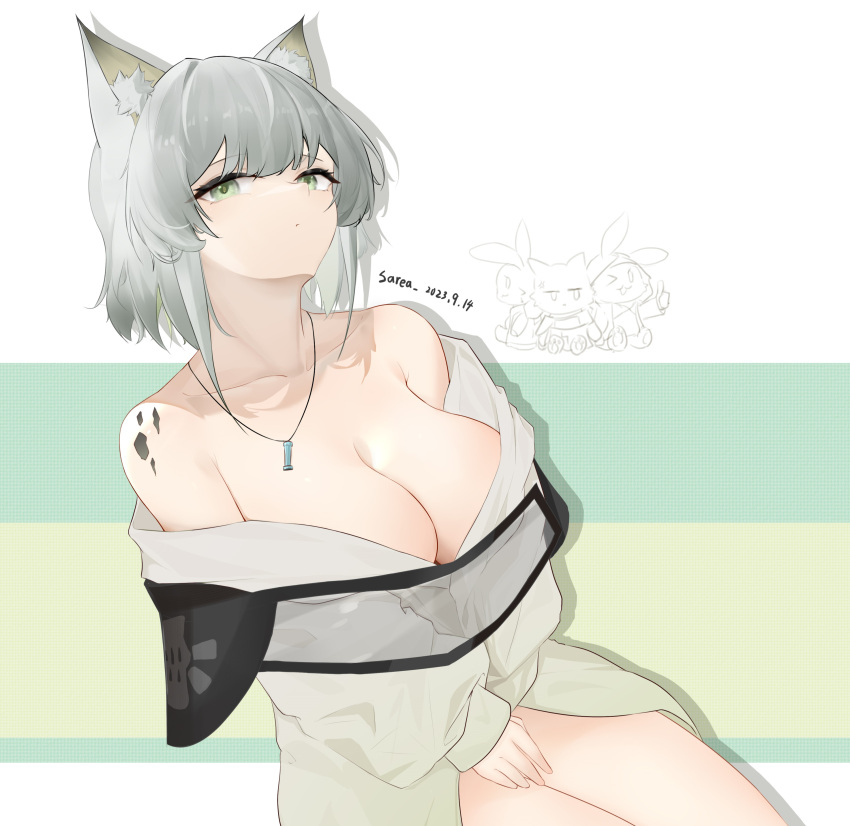 1girl absurdres animal_ears arknights bare_shoulders breasts cat_ears cleavage collarbone commentary_request covering covering_crotch dress green_eyes grey_hair highres kal'tsit_(arknights) large_breasts long_sleeves looking_at_viewer off_shoulder oripathy_lesion_(arknights) sarea_(sarea2020) short_hair sitting solo
