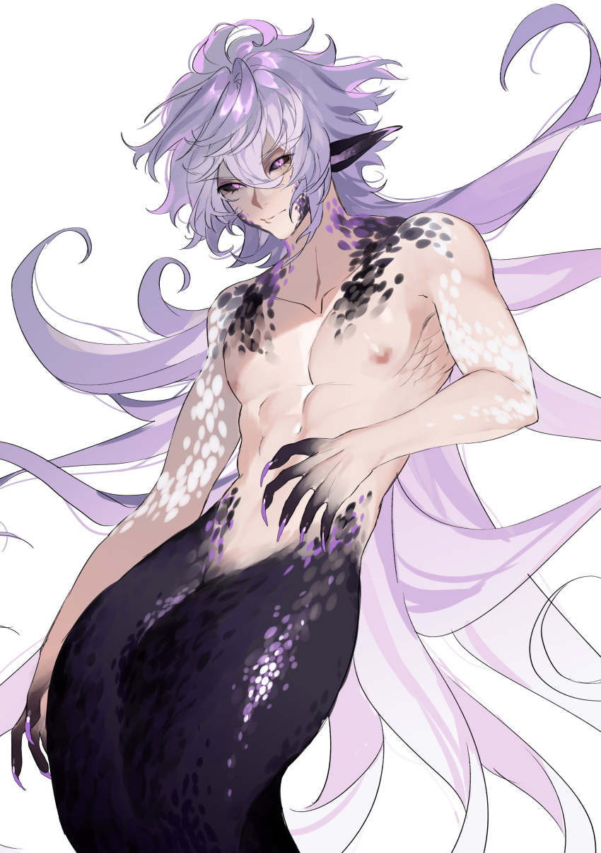 1boy abs absurdres bishounen black_sclera colored_sclera cowboy_shot fate/grand_order fate_(series) fins gradient_skin hair_between_eyes highres long_hair looking_at_viewer magiheartmari male_focus merlin_(fate) merman monster_boy monsterification nipples nude pectorals protected_link purple_eyes solo toned toned_male very_long_hair white_background white_hair