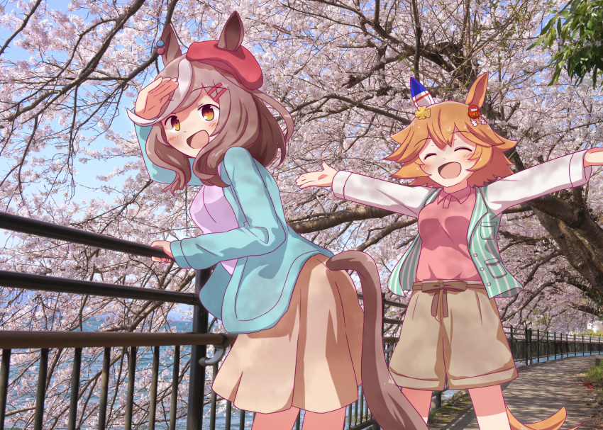 2girls animal_ears blue_headwear blue_sweater breasts bridge brown_shorts brown_skirt cabbie_hat cherry_blossoms closed_eyes clover_hair_ornament commentary_request daruma_doll ear_covers ears_through_headwear flipped_hair hair_ornament hairclip hat highres horse_ears horse_girl horse_tail matikane_tannhauser_(umamusume) matikanefukukitaru_(umamusume) medium_breasts multicolored_hair multiple_girls official_alternate_costume open_mouth orange_hair outdoors railing short_hair shorts single_ear_cover skirt smile streaked_hair sweater tail tail_through_clothes umamusume white_hair wreath_(a1b2c3d45)