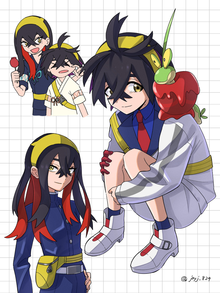 1boy 1girl absurdres ahoge black_hair blue_shirt blue_socks brother_and_sister candy_apple carmine_(pokemon) closed_mouth collared_shirt commentary_request crossed_bangs dipplin eyelashes food gloves grid_background hair_between_eyes hairband highres jacket jayj_824 kieran_(pokemon) long_hair long_sleeves multiple_views necktie pokemon pokemon_(creature) pokemon_(game) pokemon_sv red_necktie shirt shoes short_hair shorts siblings single_glove smile socks squatting twitter_username white_footwear white_jacket white_shorts yellow_eyes yellow_hairband