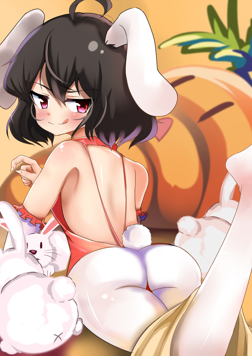 1girl :q ahoge alternate_costume animal_ears ass back black_hair blush break~ closed_mouth commentary_request detached_sleeves feet_out_of_frame floppy_ears frilled_sleeves frills from_behind hair_between_eyes highres inaba_tewi leotard looking_at_viewer looking_back lying medium_bangs on_stomach orange_leotard panties playboy_bunny rabbit rabbit_ears rabbit_girl rabbit_tail red_eyes short_hair smile solo_focus split_mouth tail tongue tongue_out touhou underwear white_panties white_sleeves x_anus