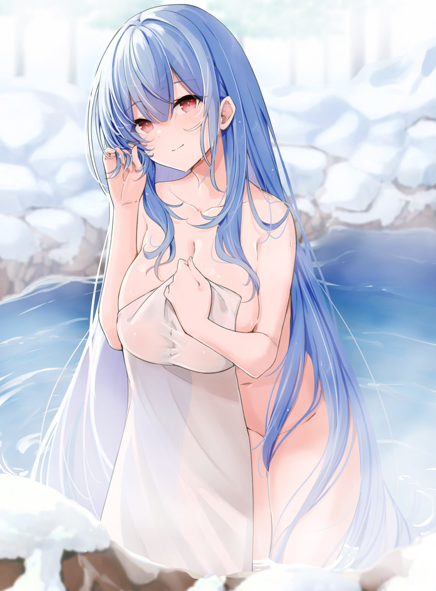 1girl absurdres adjusting_hair azur_lane blue_hair blunt_bangs breasts collarbone covering hair_between_eyes highres large_breasts leaf leer.meer long_hair looking_at_viewer navel nude_cover official_alternate_costume onsen outdoors red_eyes rock smile snow solo steam towel tree very_long_hair voroshilov_(azur_lane) voroshilov_(devoted_as_the_warm_snow)_(azur_lane) water wet