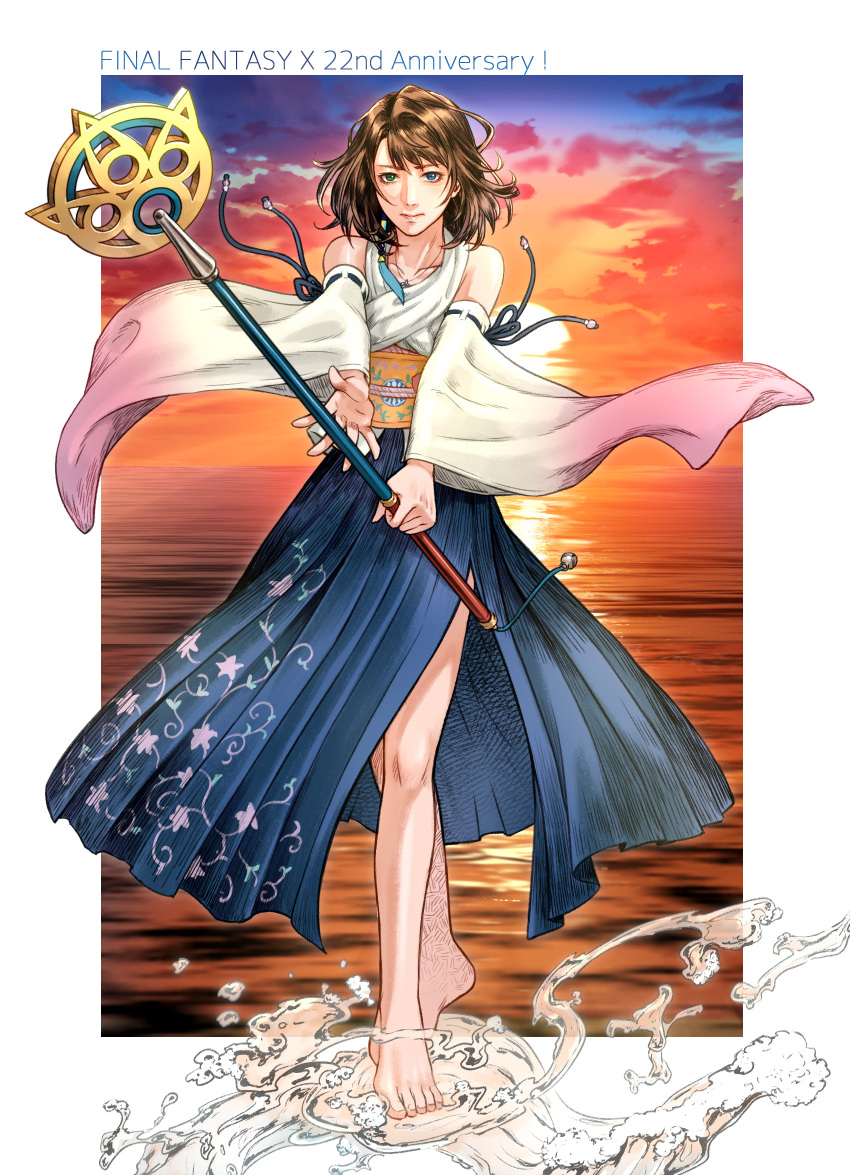 1girl bare_shoulders barefoot beads blue_eyes blue_skirt breasts brown_hair dancing detached_sleeves final_fantasy final_fantasy_x full_body gradient_sleeves green_eyes hair_beads hair_ornament heterochromia highres holding holding_staff jewelry long_skirt looking_at_viewer medium_breasts medium_hair necklace nontraditional_miko obi outdoors pleated_skirt sash shirt side_slit skirt solo staff standing standing_on_liquid sunset swept_bangs tatsunaka_(tx3) water white_shirt wide_sleeves yuna_(ff10)