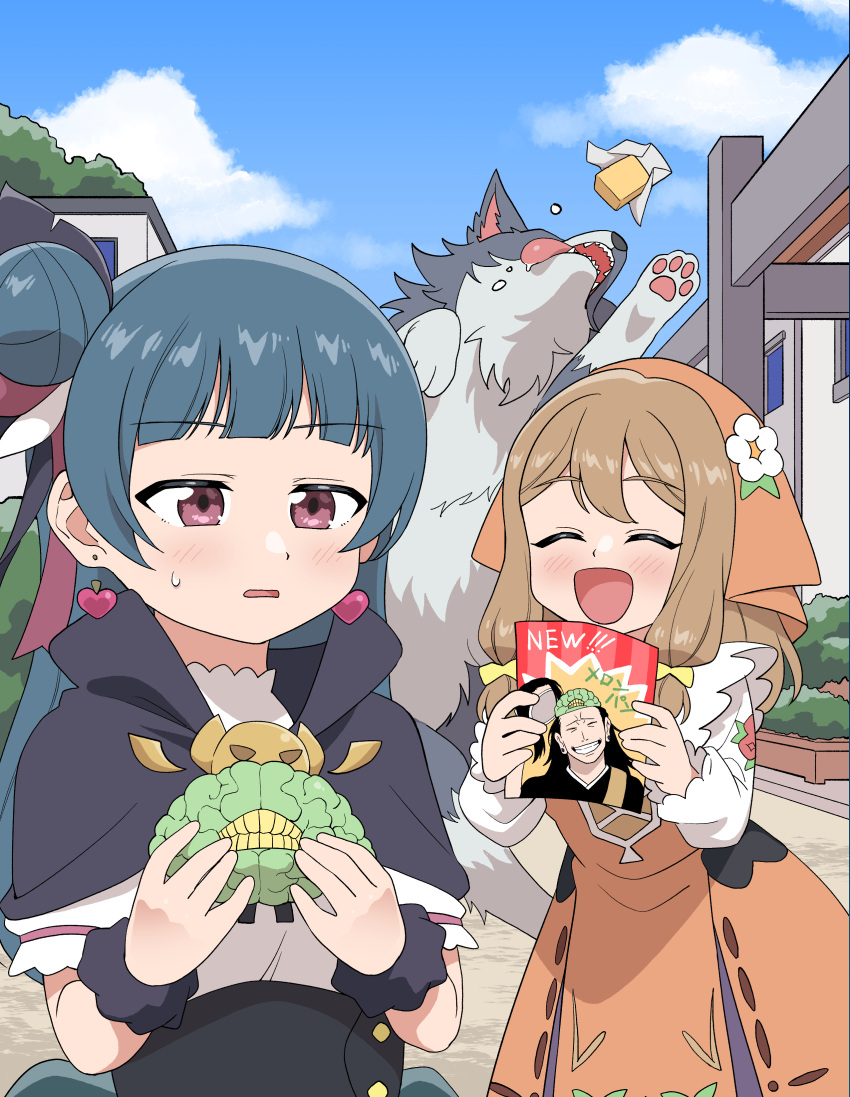 2girls absurdres black_capelet blunt_bangs brown_hair capelet closed_eyes dog dress earrings genjitsu_no_yohane getou_suguru hair_bun head_scarf heart heart_earrings highres holding jewelry jujutsu_kaisen koaraya kunikida_hanamaru lailaps_(genjitsu_no_yohane) long_hair long_sleeves love_live! love_live!_sunshine!! multiple_girls open_mouth orange_dress parted_lips purple_eyes scrunchie single_side_bun smile tsushima_yoshiko upper_body wrist_scrunchie