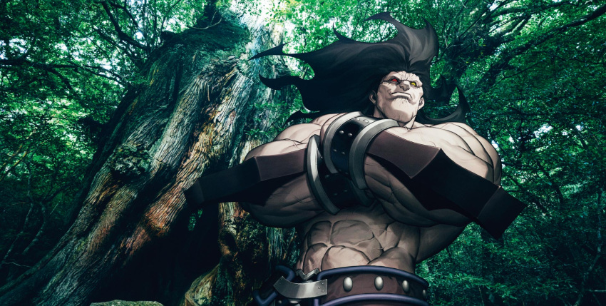 1boy abs armor azusa_(hws) black_border black_hair border bracelet crossed_arms dark-skinned_male dark_skin fate/grand_order fate/stay_night fate_(series) forest from_below heracles_(fate) heterochromia highres jewelry long_hair male_focus muscular muscular_male nature official_art outdoors red_eyes solo textless_version tree tree_shade tree_stump upper_body yellow_eyes