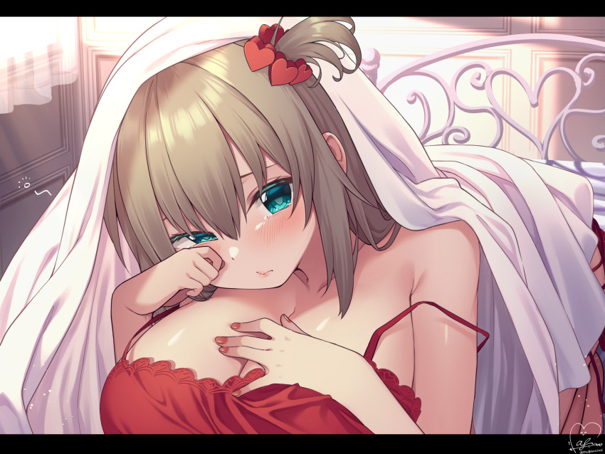 1girl akai_haato aqua_eyes bed blanket blonde_hair blush breasts camisole cleavage closed_mouth collarbone commentary_request hair_ornament heart heart_hair_ornament highres hololive indoors large_breasts letterboxed long_hair looking_at_viewer magowasabi nail_polish on_bed red_camisole rubbing_eyes side_ponytail signature sleepwear solo strap_slip sunlight virtual_youtuber waking_up