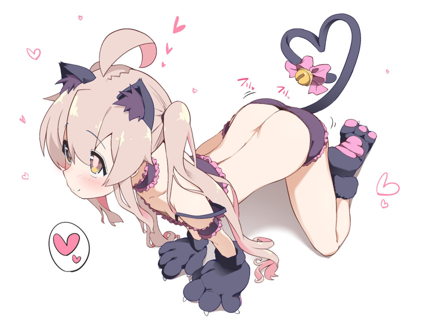1girl ahoge all_fours animal_ears animal_hands bell butt_crack cat_ears cat_lingerie cat_paws cat_tail choker commentary_request heart heart_tail highres implied_tail_plug long_hair matatabi_(2ccp) meme_attire onii-chan_wa_oshimai! oyama_mahiro ribbon solo tail tail_bell tail_ornament tail_ribbon twintails white_background
