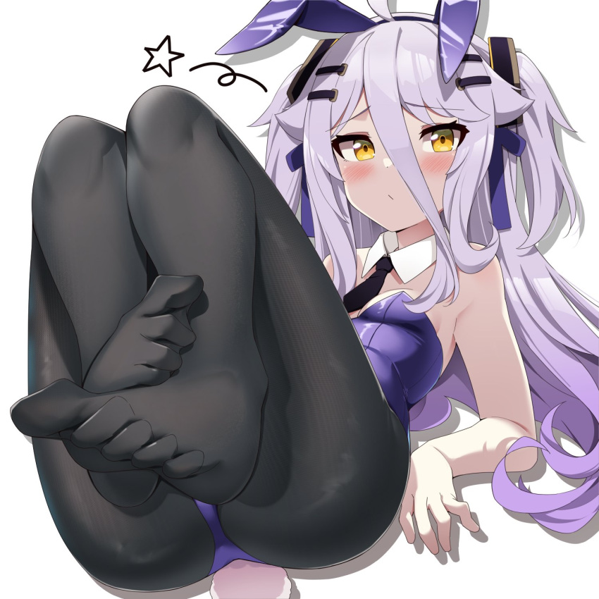 1girl ahoge animal_ears ass barefoot black_thighhighs blush bow bowtie breasts covered_navel detached_collar fake_animal_ears fake_tail gradient_hair grey_hair hair_between_eyes hair_ornament hair_ribbon hairclip henya_the_genius highleg highleg_leotard highres knees_up leotard long_bangs long_hair looking_at_viewer lying multicolored_hair on_back pantyhose playboy_bunny purple_hair purple_leotard purple_ribbon rabbit_ears rabbit_tail ribbon sidelocks small_breasts solo strapless strapless_leotard tail thighhighs two_side_up virtual_youtuber vshojo yellow_eyes yuyu5x