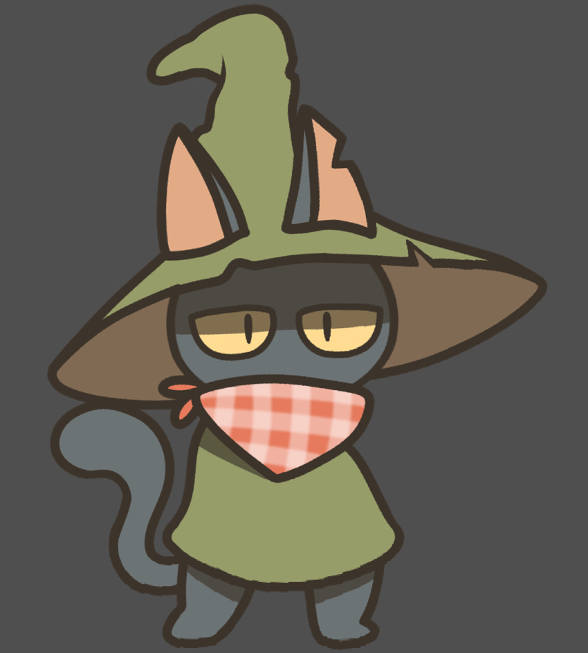 bandanna cloak clothing domestic_cat felid feline felis gooblie_2 green_cloak green_clothing green_headwear grey_background grey_body hat headgear headwear hi_res itch.io kerchief kraft_(artificer) looking_at_viewer male mammal pure_jam_games simple_background solo tail toony wizard_hat yellow_sclera