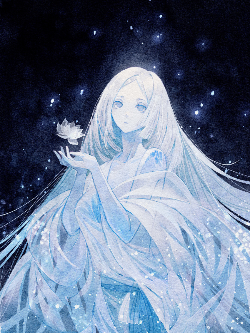 1girl absurdres blue_eyes blue_theme breasts calendulamew colored_skin floating floating_object flower hands_up highres ice_flower japanese_clothes kimono light_particles long_hair long_sleeves looking_away lotus off_shoulder onmyoji painting_(medium) sash see-through semigoori_yuki_onna shawl sidelocks snowing solo traditional_media upper_body very_long_hair watercolor_(medium) white_hair white_kimono white_skin wide_sleeves yuki_onna yuki_onna_(onmyoji)