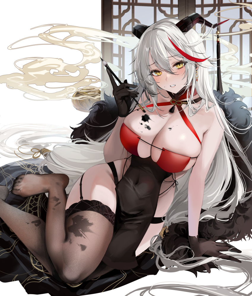 1girl absurdres aegir_(azur_lane) aegir_(golden_dragon_among_auspicious_clouds)_(azur_lane) arm_support azur_lane bare_arms bare_shoulders black_dress black_garter_straps black_gloves black_thighhighs blush breasts calligraphy_brush china_dress chinese_clothes cleavage commentary_request covered_navel criss-cross_halter dragon_horns dress earrings feet foot_out_of_frame frown garter_straps gloves hair_between_eyes halterneck hand_up highres holding holding_calligraphy_brush holding_paintbrush horn_ornament horns incense ink ink_on_breast ink_on_clothes ink_on_face ink_stain jewelry kandzume_(kandume200) leaning_to_the_side legs long_hair multicolored_hair no_shoes official_alternate_costume paintbrush panty_straps parted_lips pelvic_curtain red_dress red_hair sitting sleeveless sleeveless_dress slit_pupils smile smoke solo streaked_hair sweat tassel thighhighs thighs toes two-tone_dress variant_set white_background white_hair yellow_eyes yokozuwari