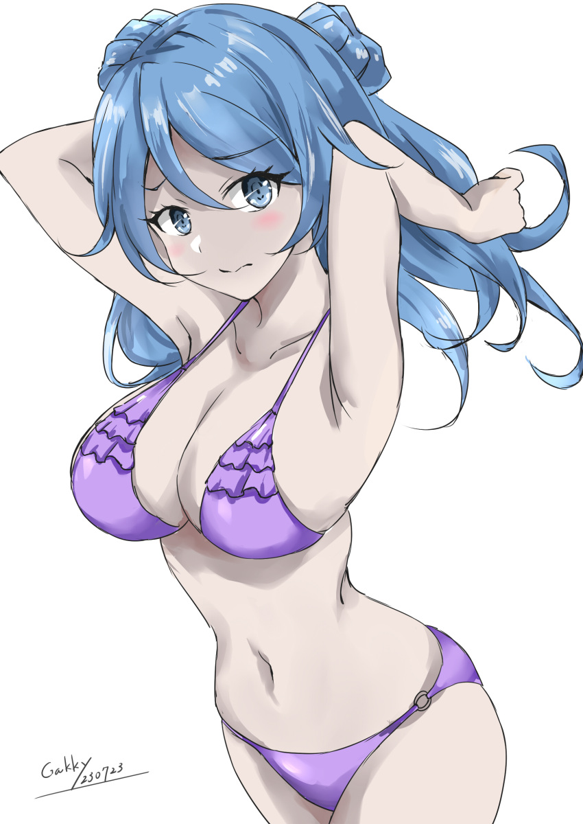 1girl bikini blue_eyes blue_hair breasts closed_mouth cowboy_shot double_bun frilled_bikini frills gakky hair_bun highres kantai_collection large_breasts looking_at_viewer medium_breasts o-ring o-ring_bottom one-hour_drawing_challenge purple_bikini simple_background solo swimsuit urakaze_(kancolle) white_background