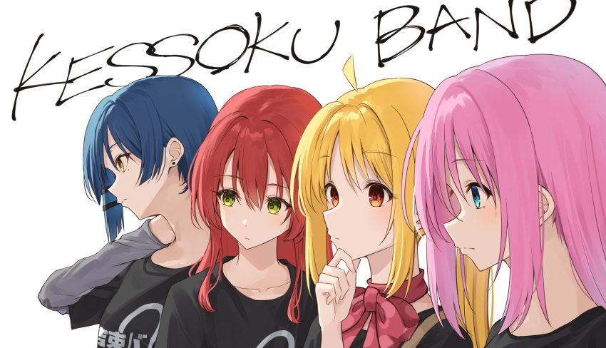 4girls ahoge arm_up black_shirt blonde_hair blue_eyes blue_hair bocchi_the_rock! bow closed_mouth collarbone earrings eyelashes eyes_visible_through_hair finger_to_own_chin frown gotoh_hitori green_eyes group_name hair_between_eyes hair_ornament hairclip highres ijichi_nijika jewelry kanaria_hisagi kita_ikuyo light_blush long_hair looking_ahead multiple_girls nose parted_bangs pink_hair profile red_bow red_eyes red_hair serious shirt short_hair sidelocks simple_background stud_earrings white_background yamada_ryo