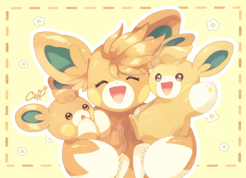2023 ambiguous_gender brown_eyes caffellatte evolutionary_family eyes_closed feral fur generation_9_pokemon group happy holding_partner nintendo orange_body orange_fur pawmi pawmo pawmot pokemon pokemon_(species) signature simple_background smile trio yellow_background