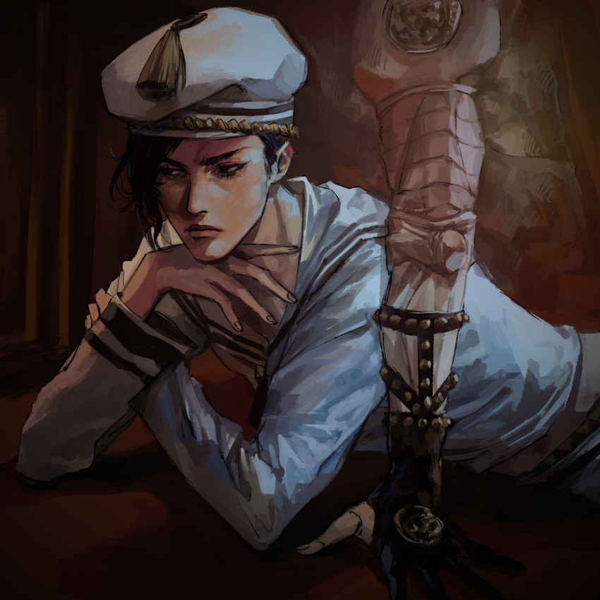 1boy beret black_eyes black_hair closed_mouth hat highres jojo_no_kimyou_na_bouken jojolion killer_queen kira_yoshikage_(jojolion) lips long_sleeves looking_at_viewer lying male_focus meron_nouka on_stomach sailor_collar shirt short_hair solo stand_(jojo) white_headwear white_shirt