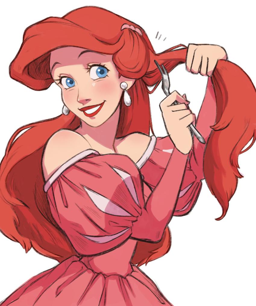 1girl ariel_(disney) blue_eyes dress earrings european_clothes fork highres holding holding_fork jewelry long_hair looking_at_viewer pink_dress red_hair red_lips simple_background solo teeth the_little_mermaid user_wtwz3334 white_background