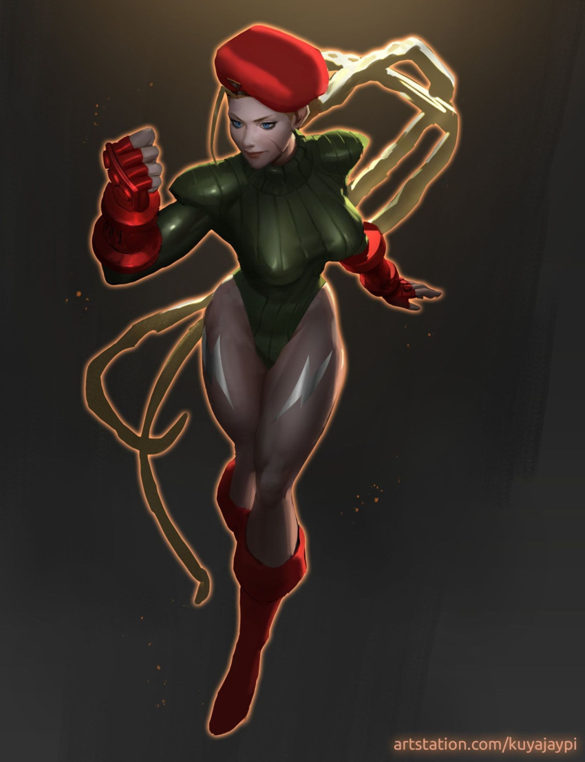 ahoge beret boots braid cammy_white capsom gauntlets hat highres kuya_jaypi simple_background street_fighter twin_braids war_paint