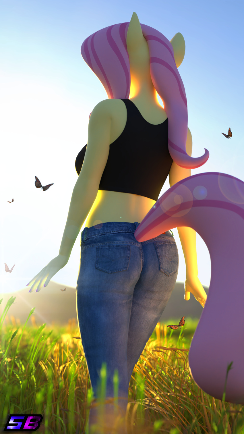 3d_(artwork) absurd_res anthro arthropod bottomwear breasts butterfly clothing crop_top denim denim_bottomwear denim_clothing digital_media_(artwork) equid equine female fluttershy_(mlp) friendship_is_magic hasbro hi_res insect jeans lepidopteran mammal my_little_pony pants pegasus rear_view shadowboltsfm shirt solo topwear wings