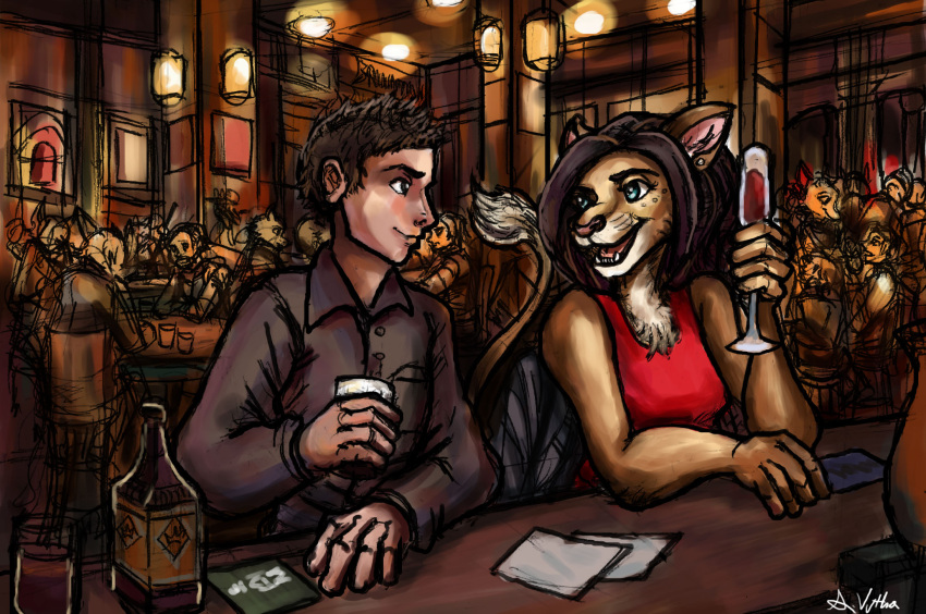 alcohol alcoholic_drink anthro background_character beverage clothing container cup dress drinking_glass duo dwayne_cooper_(jasonvuk666) felid female glass glass_container glass_cup hi_res human lion male male/female mammal natasha_lingwood_(jasonvuk666) pantherine red_clothing red_dress story story_at_source story_in_description tables the_living_shadow whiskey whiskey_glass wine wine_glass