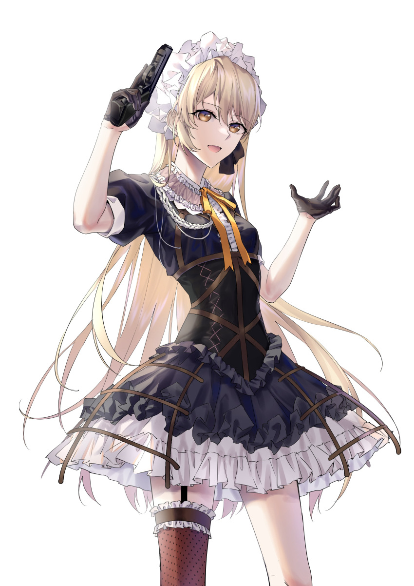 1girl absurdres black_gloves blonde_hair breasts brown_eyes cowboy_shot dress frilled_dress frilled_hairband frilled_thighhighs frills garter_straps girls'_frontline gloves gothic_lolita gun hairband handgun highres lolita_fashion long_hair open_mouth ppk_(girls'_frontline) puffy_short_sleeves puffy_sleeves short_sleeves single_thighhigh small_breasts smile solo suprii thighhighs very_long_hair walther walther_ppk weapon