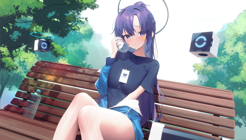 1girl aya_(lezon) bench blue_archive blue_eyes blue_jacket bottle breasts closed_mouth day drone halo high_ponytail highres holding holding_bottle jacket lanyard medium_breasts off_shoulder official_alternate_costume outdoors purple_hair sitting sky solo star_sticker thighs track_jacket tree water_bottle yuuka_(blue_archive) yuuka_(track)_(blue_archive)