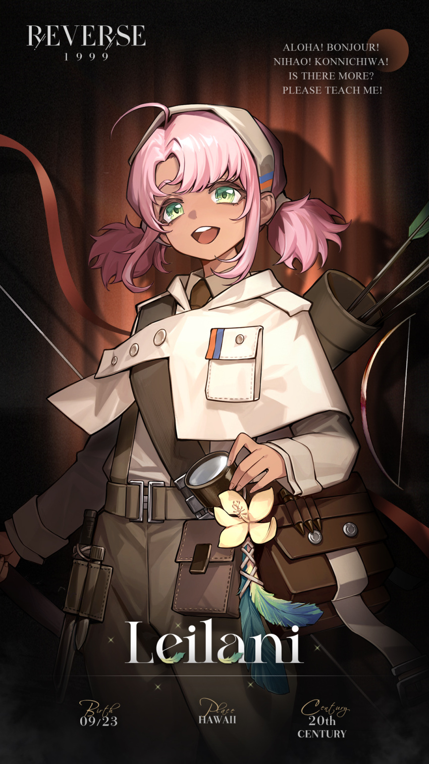 1girl :d ahoge arrow_(projectile) bag bow_(weapon) brown_background brown_bag brown_hairband brown_necktie brown_pants character_name cloak copyright_name cowboy_shot curtains english_text feathers flower green_eyes hairband highres holding holding_bow_(weapon) holding_weapon leilani_(reverse:1999) logo long_sleeves looking_at_viewer low_twintails necktie official_art pants parted_bangs pink_hair quiver reverse:1999 shirt short_hair shoulder_bag smile solo spotlight tan teeth twintails upper_teeth_only weapon white_cloak white_shirt yellow_flower