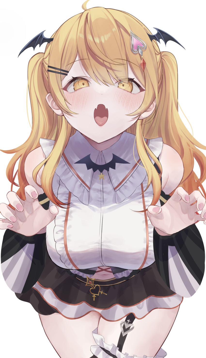 1girl :o absurdres ahoge bare_shoulders black_garter_straps black_skirt black_sleeves blonde_hair blush bodice breasts brooch center_frills claw_pose collared_shirt detached_sleeves double-parted_bangs fangs fingernails frilled_shirt frilled_shirt_collar frilled_skirt frilled_sleeves frilled_thighhighs frills garter_straps gothic_lolita gradient_hair hair_ornament hairclip head_wings heart heart_hair_ornament highres hololive jewelry large_breasts layered_skirt lolita_fashion long_hair looking_at_viewer miniskirt multicolored_hair nica_(w66ror) official_alternate_costume official_alternate_hair_length official_alternate_hairstyle open_mouth revealing_clothes shirt sidelocks single_garter_strap skin_fangs skirt sleeveless sleeveless_shirt solo swept_bangs thighhighs two_side_up underbust vampire virtual_youtuber white_shirt white_skirt wings yellow_eyes yozora_mel yozora_mel_(5th_costume)