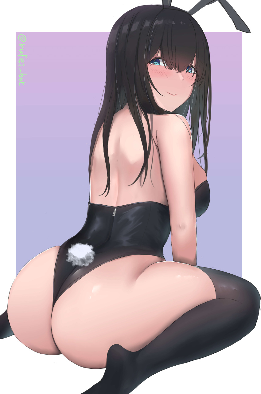 1girl absurdres animal_ears ass black_hair black_leotard black_thighhighs blue_eyes blush border breasts closed_mouth commentary fake_animal_ears fake_tail from_behind gradient_background hair_between_eyes highres idolmaster idolmaster_cinderella_girls leotard long_hair looking_at_viewer looking_back outside_border playboy_bunny rabbit_ears rabbit_tail rufei_bot sagisawa_fumika simple_background sitting smile solo strapless strapless_leotard tail thighhighs twitter_username wariza white_border zipper_pull_tab
