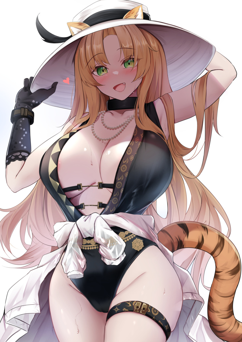 1girl absurdres animal_ears areola_slip arknights arms_up black_one-piece_swimsuit blonde_hair breasts cleavage clothes_around_waist ears_through_headwear green_eyes hat highres jacket jacket_around_waist jewelry kokihanada long_hair necklace official_alternate_costume one-piece_swimsuit open_mouth pearl_necklace solo sun_hat swimsuit swire_(arknights) tail thigh_strap tiger_ears tiger_girl tiger_tail
