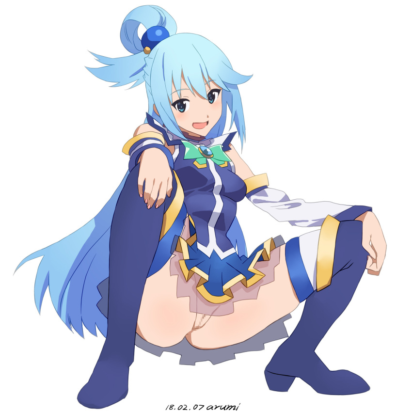 1girl aqua_(konosuba) artist_name baba_arumi blue_eyes blue_footwear blue_hair blue_shirt blue_skirt blush boots bow bowtie breasts cameltoe censored dated detached_sleeves frilled_skirt frills full_body gold_trim green_bow green_bowtie hair_ornament hair_rings hands_on_own_knees head_tilt high_heel_boots high_heels highres kono_subarashii_sekai_ni_shukufuku_wo! legs long_hair medium_breasts miniskirt mosaic_censoring no_panties open_mouth pussy shadow shirt sidelocks simple_background skirt sleeveless sleeveless_shirt solo spread_legs squatting thigh_boots thighhighs thighhighs_under_boots white_background white_sleeves white_thighhighs