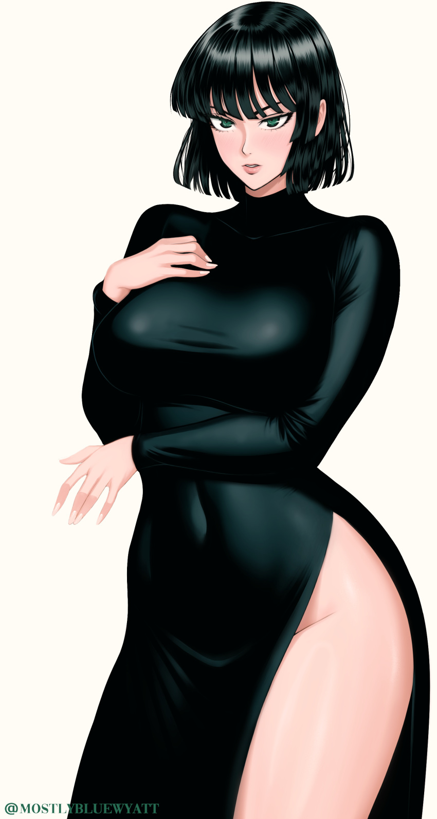 1girl absurdres black_dress breasts covered_navel dress fubuki_(one-punch_man) green_eyes green_hair highres large_breasts mostlybluewyatt one-punch_man short_hair side_slit simple_background solo twitter_username white_background