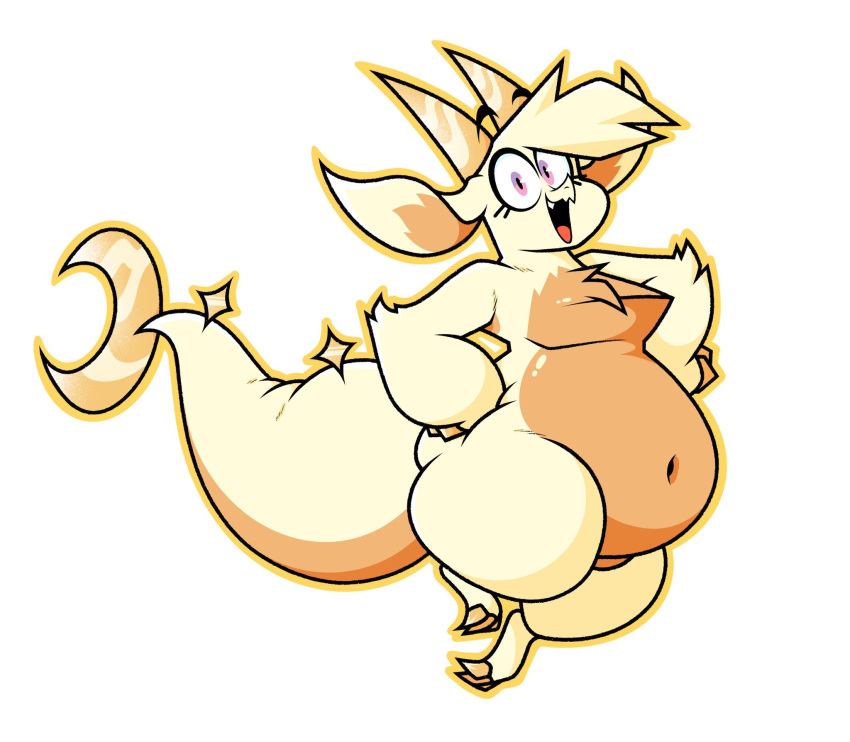 2022 ambiguous_gender anthro belly big_belly big_breasts big_tail breasts chikn_nuggit dragon fwench_fwy_(chikn_nuggit) hands_on_hips hi_res horn huge_belly huge_tail looking_at_viewer navel nonbinary_(lore) obese obese_ambiguous overweight overweight_ambiguous redphlannel solo tail thick_thighs wide_hips