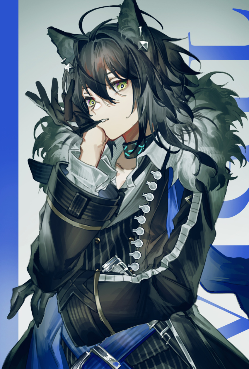 1boy animal_ears arknights biting black_coat black_gloves black_hair choker coat collared_shirt earrings fur-trimmed_coat fur_trim glove_biting gloves green_hair hair_between_eyes hand_up highres jewelry long_sleeves looking_at_viewer male_focus mira_(345toron) shirt solo striped striped_vest upper_body vest vigil_(arknights) wolf_ears