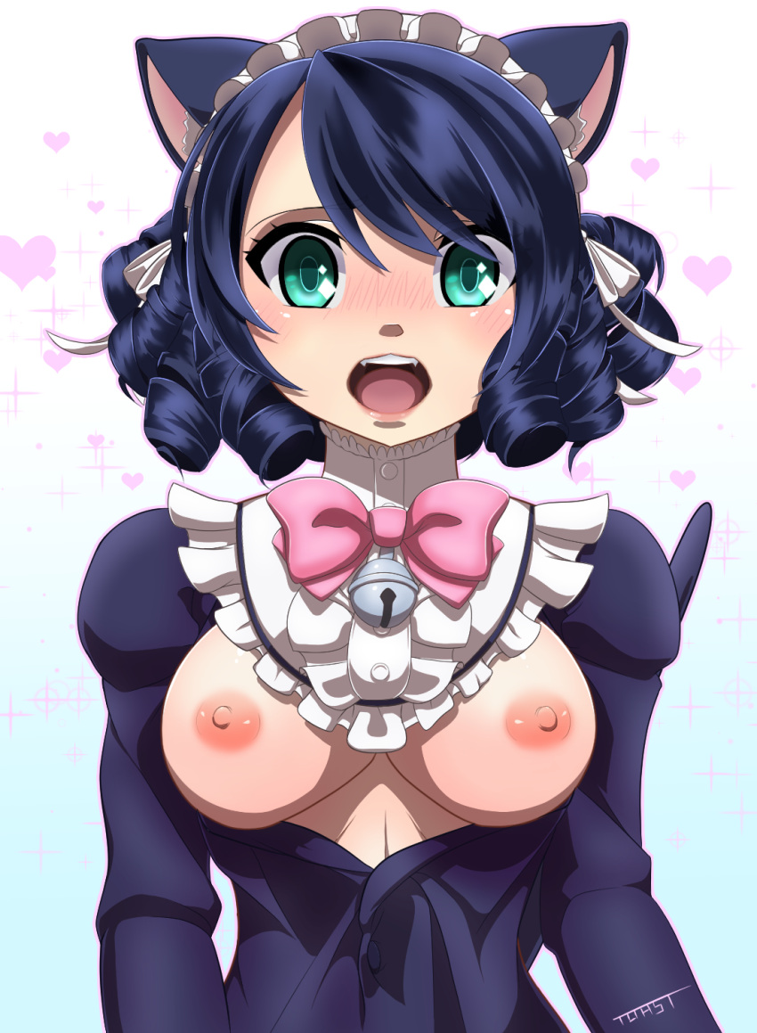 &lt;3 animal_humanoid areola black_hair blush bow_ribbon breasts cat_humanoid cyan_hijirikawa domestic_cat exposed_breasts felid felid_humanoid feline feline_humanoid felis female goth gothic_lolita green_eyes hair hi_res humanoid lolita_(fashion) maid_headdress mammal mammal_humanoid nipples open_mouth sanrio short_hair show_by_rock!! simple_background solo toast-arts