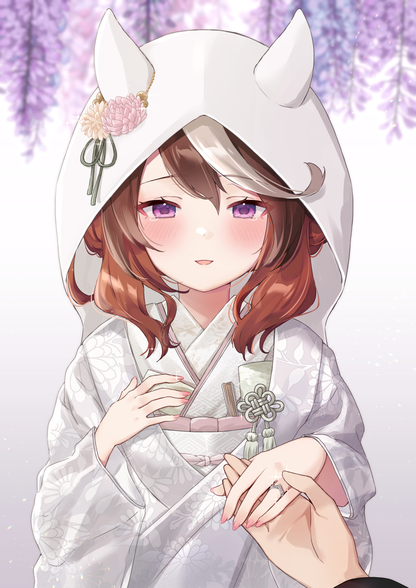 1girl 1other alternate_costume blush brown_hair flower hair_between_eyes happy_tears highres horse_girl japanese_clothes jewelry kimono long_hair looking_at_viewer obi open_mouth purin_jiisan purple_eyes purple_flower ring sash shiromuku smile solo_focus symboli_rudolf_(umamusume) tears uchikake umamusume upper_body wedding_ring white_hair white_kimono