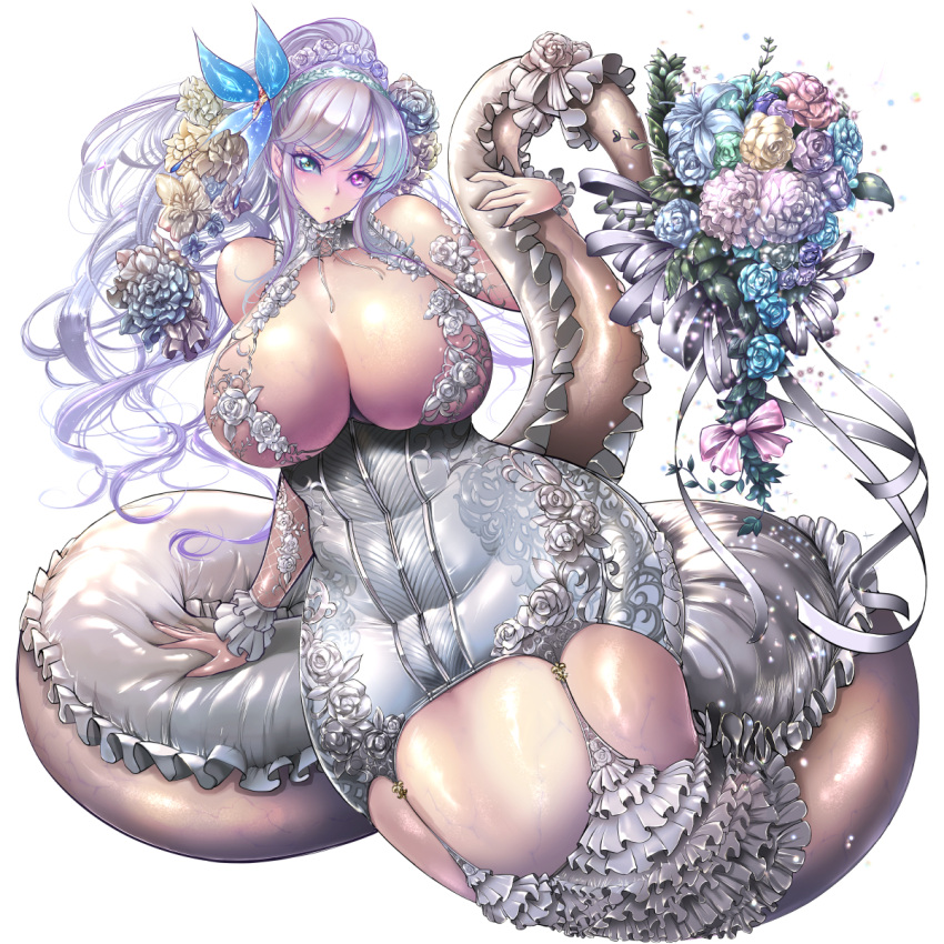 apode big_breasts blue_eyes bouquet breasts cleavage clothed clothing cornelia_(eden's_ritter_grenze) digital_media_(artwork) draconcopode dress eden's_ritter_grenze female flower flower_bouquet hair heterochromia hi_res huge_breasts humanoid_pointy_ears lamia legless light_body light_skin monster_girl_(genre) naglfar pink_eyes plant ponytail purple_hair reptile scalie serpentine snake solo split_form vein veiny_breasts veiny_skin wedding_dress white_hair