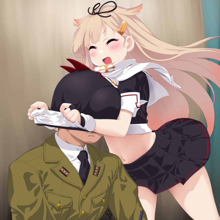 1boy 1girl admiral_(kancolle) black_ribbon black_serafuku blonde_hair blush dd_(ijigendd) fingerless_gloves gloves hair_flaps hair_ornament hair_ribbon hairclip head_under_clothes hetero highres kantai_collection long_hair neckerchief open_mouth red_neckerchief ribbon scarf school_uniform serafuku skirt smile white_scarf yuudachi_(kancolle) yuudachi_kai_ni_(kancolle)