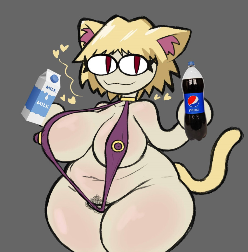 &lt;3 animal_humanoid big_breasts bikini blonde_hair bottle breasts cat_humanoid clothing container cumlord felid felid_humanoid feline feline_humanoid female hair hi_res holding_bottle holding_container holding_object huge_breasts humanoid looking_at_viewer mammal mammal_humanoid milk milk_carton neco-arc nipple_outline pepsi pubes red_eyes sling_bikini smile solo swimwear thick_thighs tsukihime type-moon white_body white_skin wide_hips