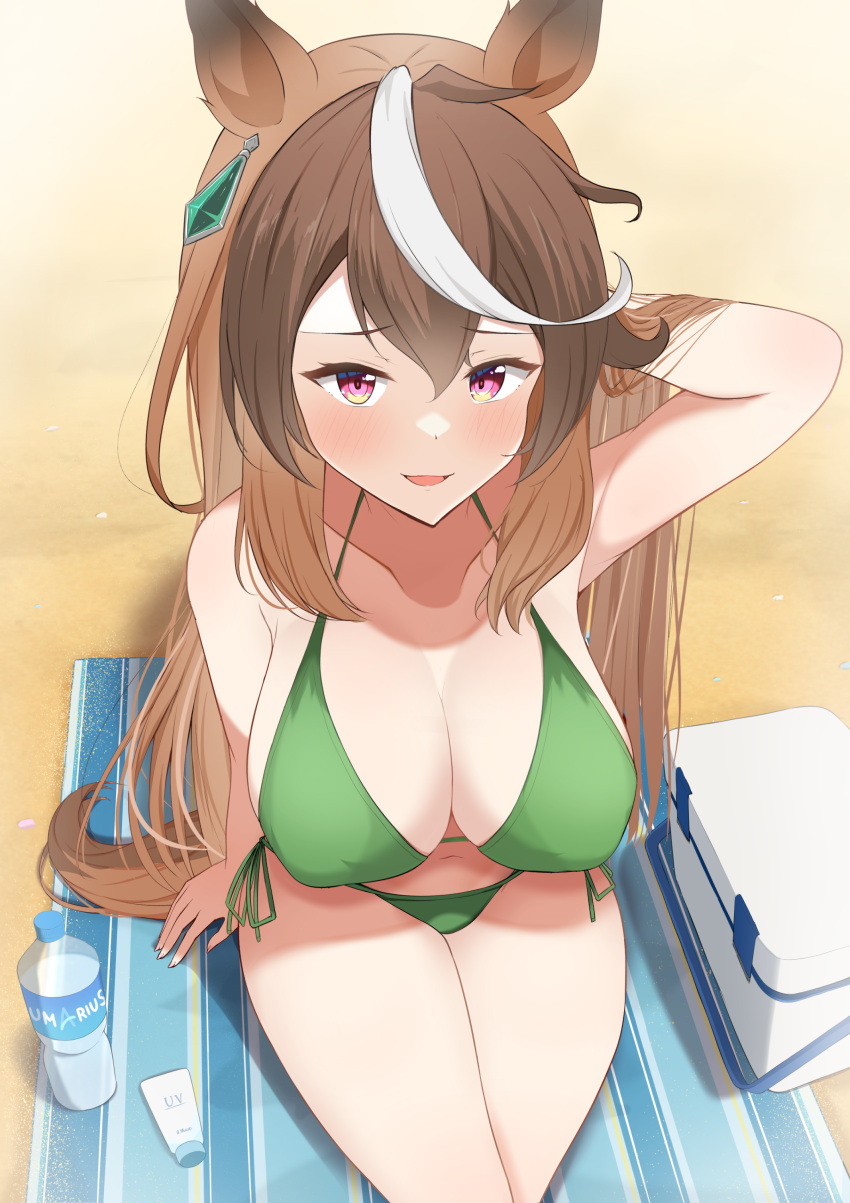 1girl absurdres alternate_costume animal_ears arm_up armpits beach beach_towel bikini bottle breasts brown_hair cleavage commentary_request earrings green_bikini hair_between_eyes highres himuraanzu horse_ears horse_girl horse_tail jewelry large_breasts light_blush long_hair looking_at_viewer lotion multicolored_hair no on_ground outdoors purple_eyes side-tie_bikini_bottom single_earring smile solo star_(symbol) streaked_hair sunscreen swimsuit symboli_rudolf_(umamusume) tail towel umamusume very_long_hair water_bottle white_hair