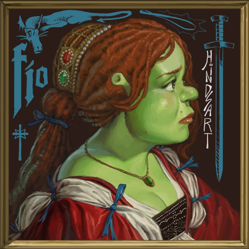 artist_name breasts cleavage colored_skin dress from_side green_skin highres hindsart jewelry long_hair necklace ogre orange_hair picture_frame portrait princess_fiona red_dress shrek_(series)