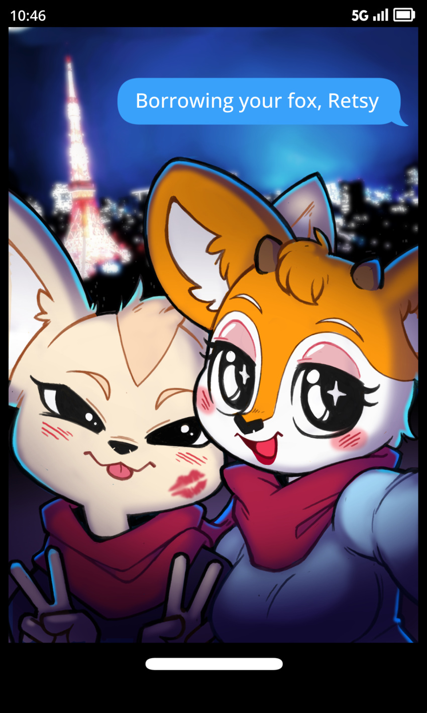 2023 aggressive_retsuko antelope anthro black_eyes blep blush blush_lines bovid canid canine city cityscape digital_drawing_(artwork) digital_media_(artwork) duo english_text female female/female fennec fenneko fox fur gazelle gesture happy hi_res horn kiss_mark lipstick makeup mammal narrowed_eyes open_mouth open_smile pyanny-yan sanrio selfie smile smiling_at_viewer sparkling_eyes text text_message tongue tongue_out tsunoda v_sign white_body white_fur