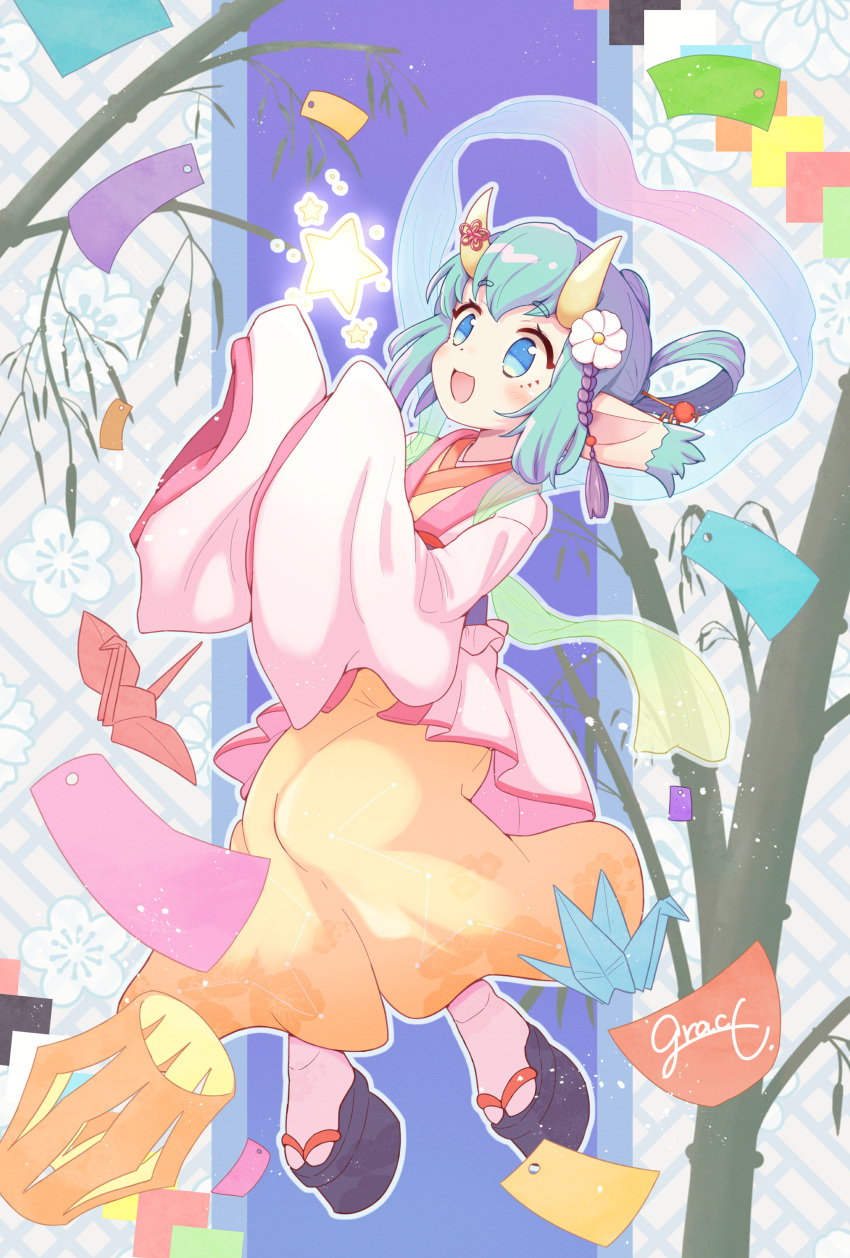 1girl :d absurdres alternate_costume bamboo blue_eyes blue_hair flower full_body glowing highres horn_ornament horn_ribbon horns japanese_clothes jazz_grace lidelle_(puyopuyo) okobo open_mouth pointy_ears puyopuyo puyopuyo_fever ribbon sandals single_hair_ring smile socks solo star_(symbol) tabi tanabata tanzaku white_flower white_socks yellow_horns