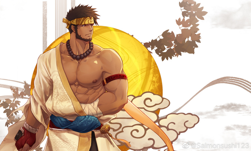 1boy abs armband bandaged_wrist bandages bara bead_necklace beads beard belt brown_hair character_request clenched_hand dark-skinned_male dark_skin dungeon_and_fighter facial_hair fingerless_gloves gloves headband highres japanese_clothes jewelry kimono kulolin large_pectorals leaf looking_to_the_side male_focus manly mature_male muscular muscular_male necklace nipples pectorals plant red_eyes short_hair solo spiked_hair thick_arms yukata