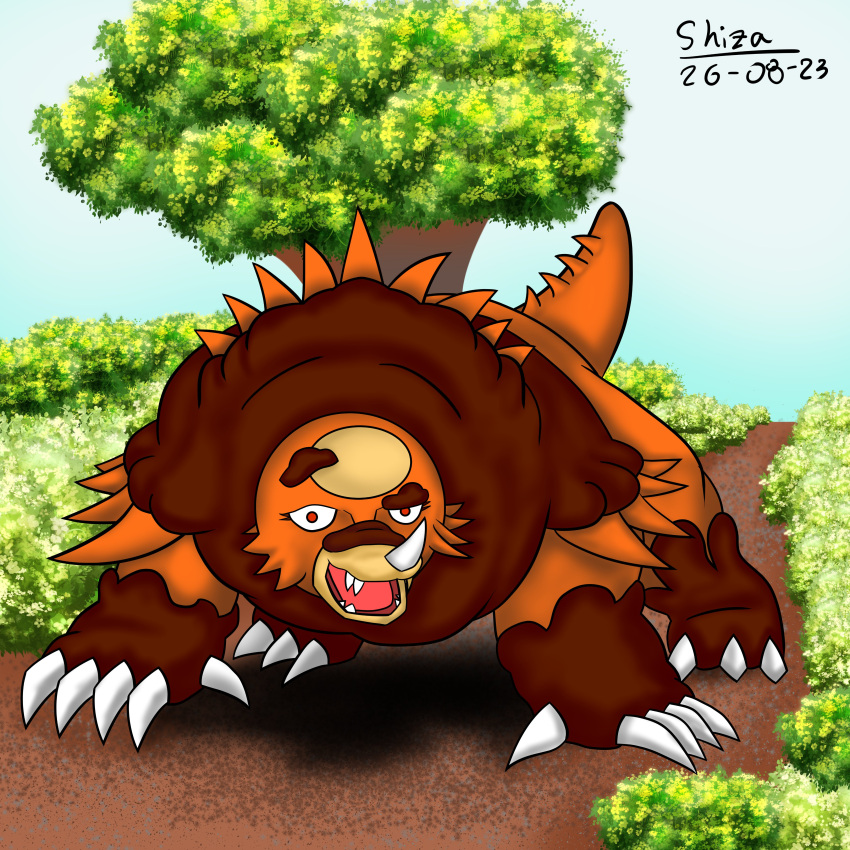 1:1 2023 4k absurd_res all_fours alternate_species aquilops artist_name blue_sky brown_body brown_fur claws dated detailed_background digital_drawing_(artwork) digital_media_(artwork) dinosaur eyelashes female fur generation_8_pokemon goodbye_volcano_high hi_res horn hybrid looking_at_viewer nintendo open_mouth orange_body orange_eyes orange_scales outside plant pokemon pokemon_(species) reptile rosa_(gvh) scales scalie sharp_teeth shizadacomunist signature sky snoot_game_(fan_game) solo spikes spikes_(anatomy) teeth tongue tree ursaluna