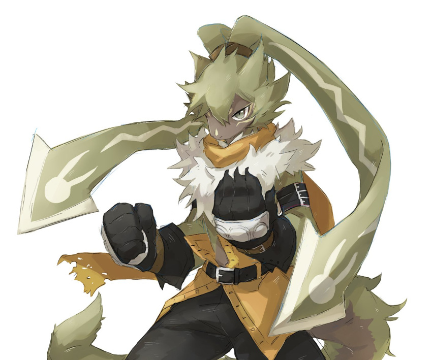 anthro bandai_namco belt bottomwear clothing digimon digimon_(species) digimon_ghost_game fluffy_chest fur gloves grey_eyes handwear knuckleduster long_ears male pants ponytail_ears sin_remyheart solo symbareangoramon yellow_body yellow_fur