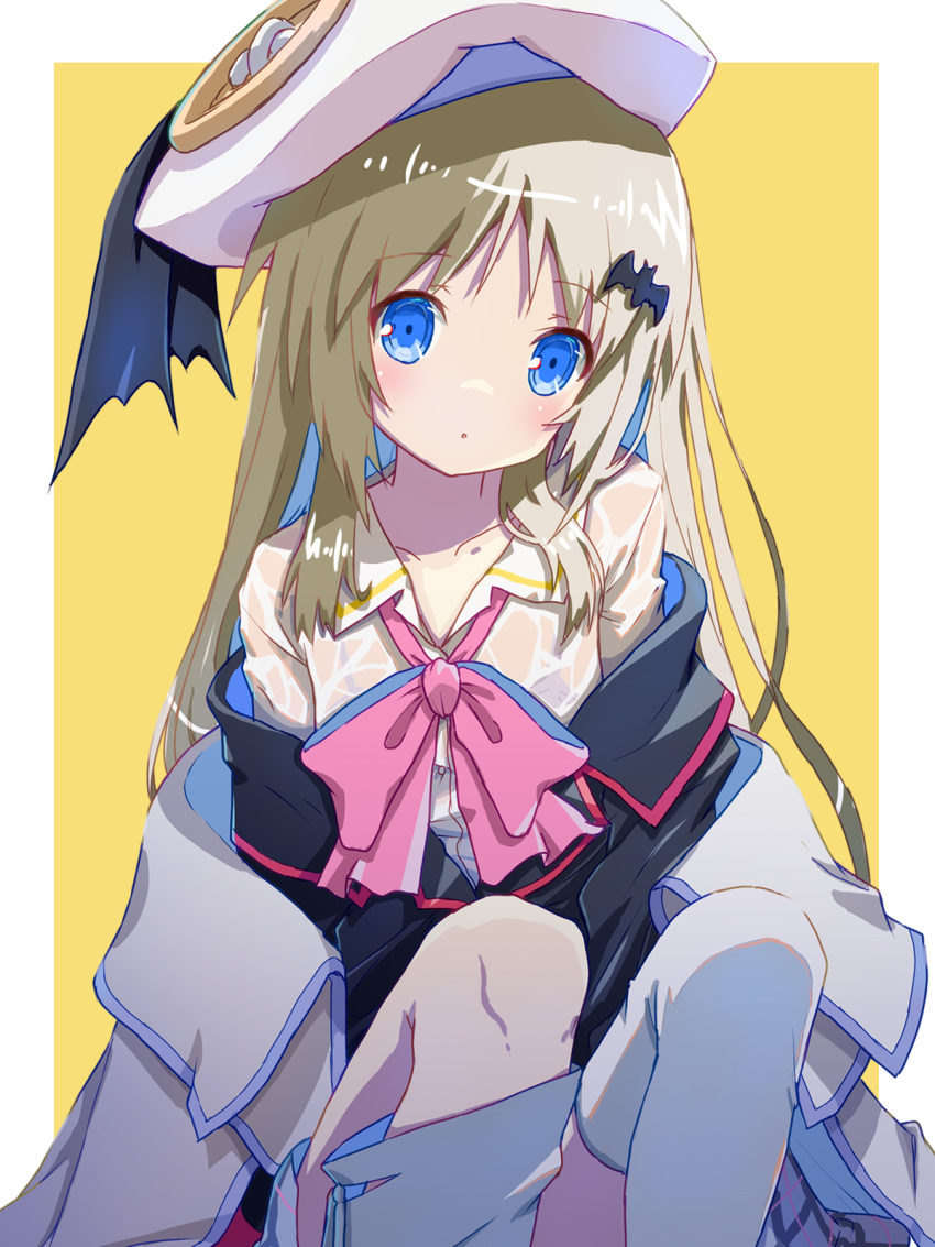 1girl akayama_yukihe bat_hair_ornament beret black_jacket blue_eyes blush border bow bra bra_peek capelet commentary grey_hair hair_ornament hat head_tilt highres jacket knees_up little_busters! long_hair looking_at_viewer noumi_kudryavka off_shoulder parted_bangs parted_lips pink_bow school_uniform see-through see-through_shirt shirt sidelocks simple_background sitting solo thighhighs underwear very_long_hair wet wet_clothes wet_shirt white_border white_capelet white_headwear white_shirt white_thighhighs yellow_background