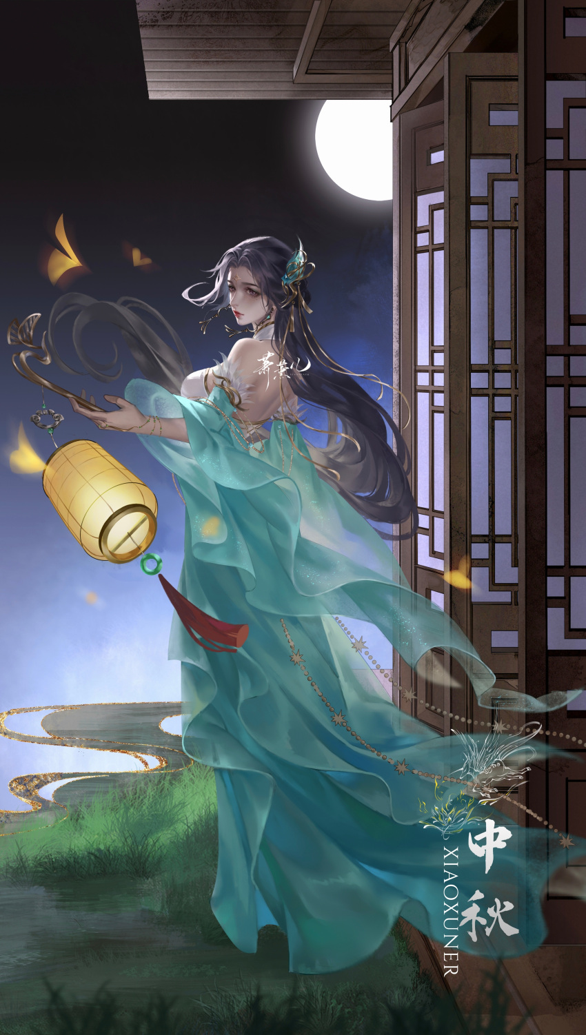 1girl absurdres artist_request backless_dress backless_outfit bare_shoulders black_hair breasts closed_mouth doupo_cangqiong dress earrings expressionless facial_mark forehead_mark from_side grass gu_xun_er_(doupo_cangqiong) hair_ornament highres holding holding_pole jewelry lantern long_hair medium_breasts moon night pole second-party_source solo